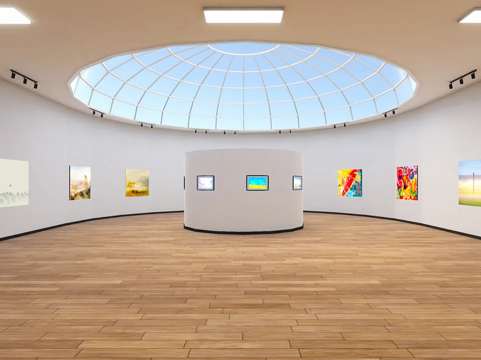 现代展厅中陈列的抽象视觉设计作品与雕塑