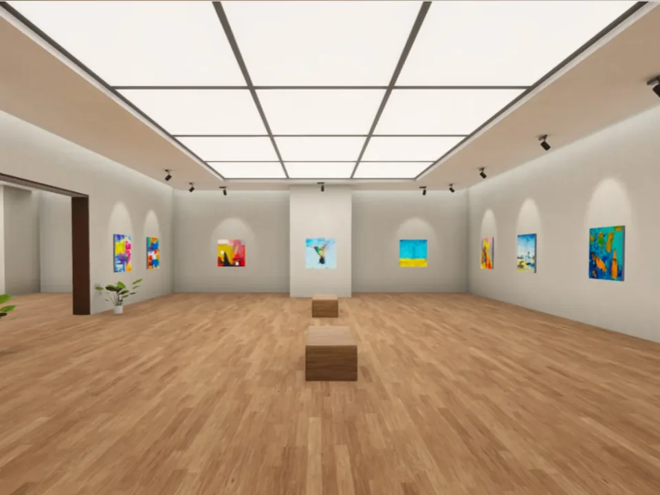 虚拟展厅中按顺序陈列的多幅学生作品