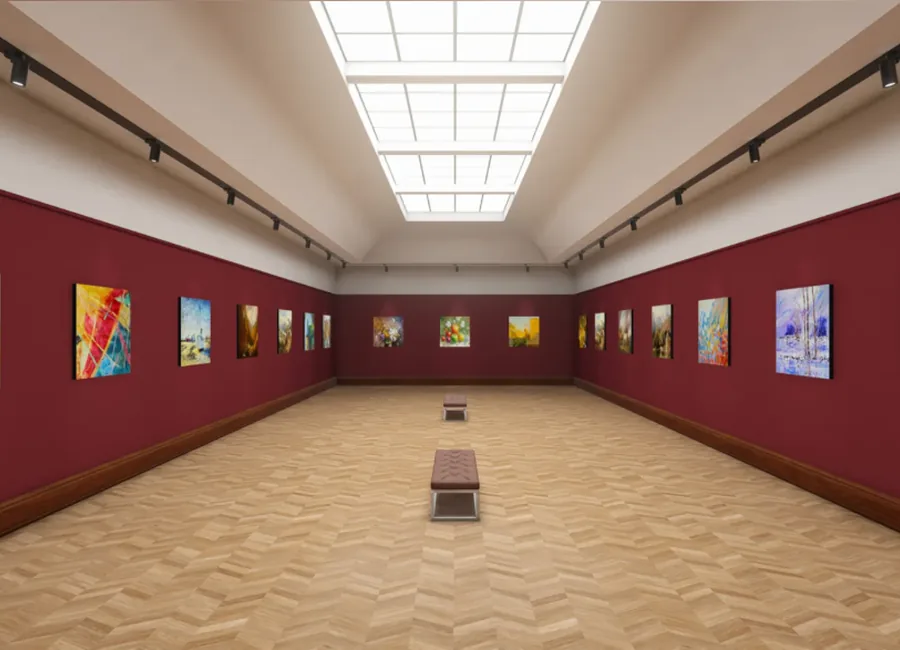 红色展墙的虚拟艺术回廊中陈列着多幅作品